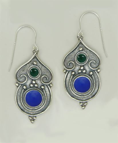 Sterling Silver Gothic Inspired Drop Dangle Earrings With Blue Onyx And Fluorite